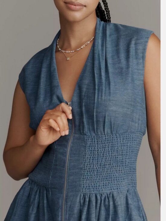 Anthropologie The Tommie Denim Chambray Zip Front Eyelet Trim Dress Blue L NWT - Picture 6 of 8